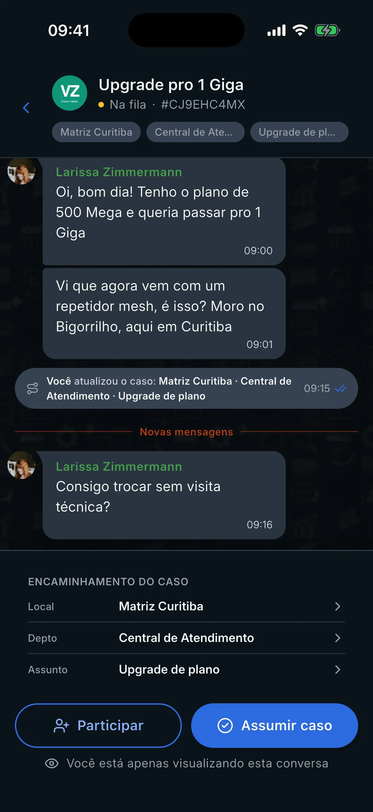 Captura do produto — conversa de caso