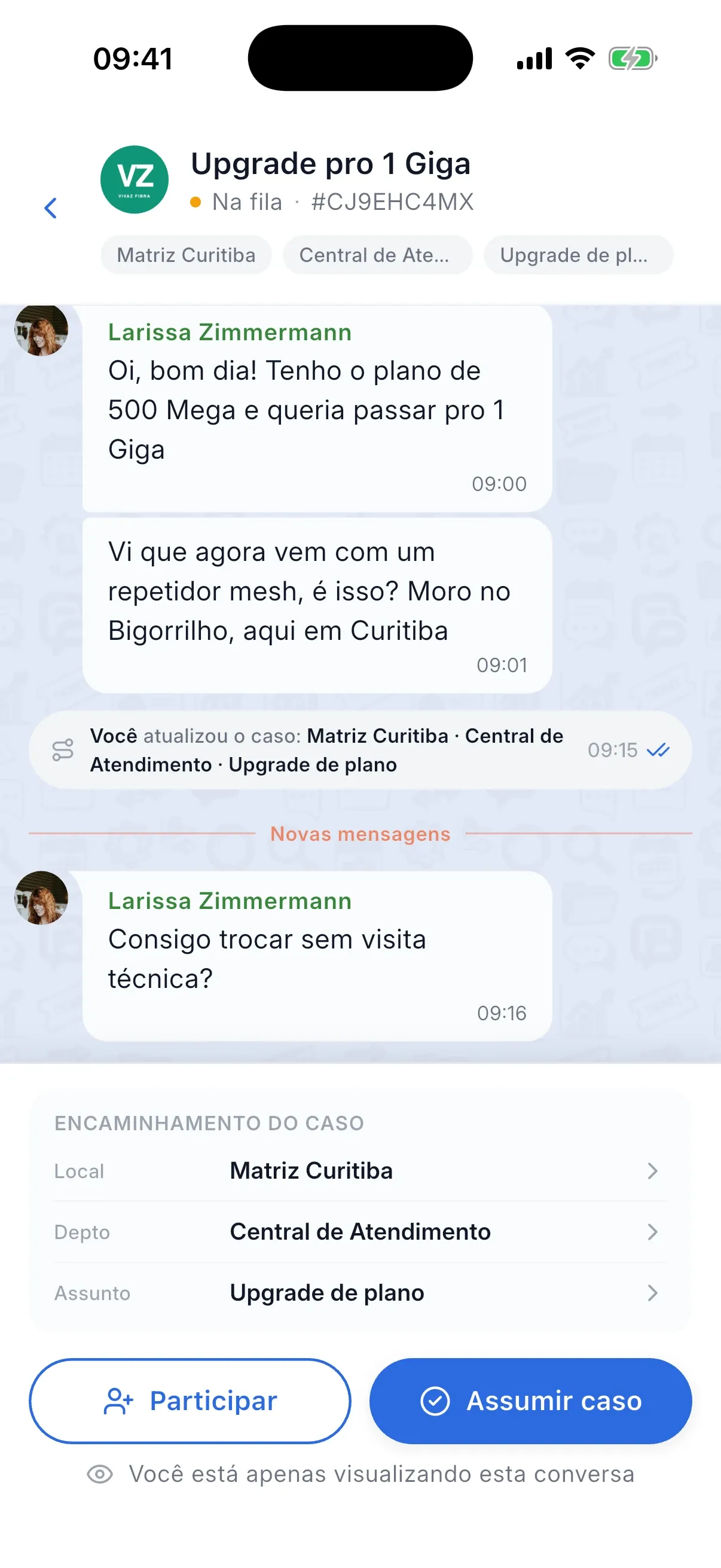 Captura do produto — conversa de caso