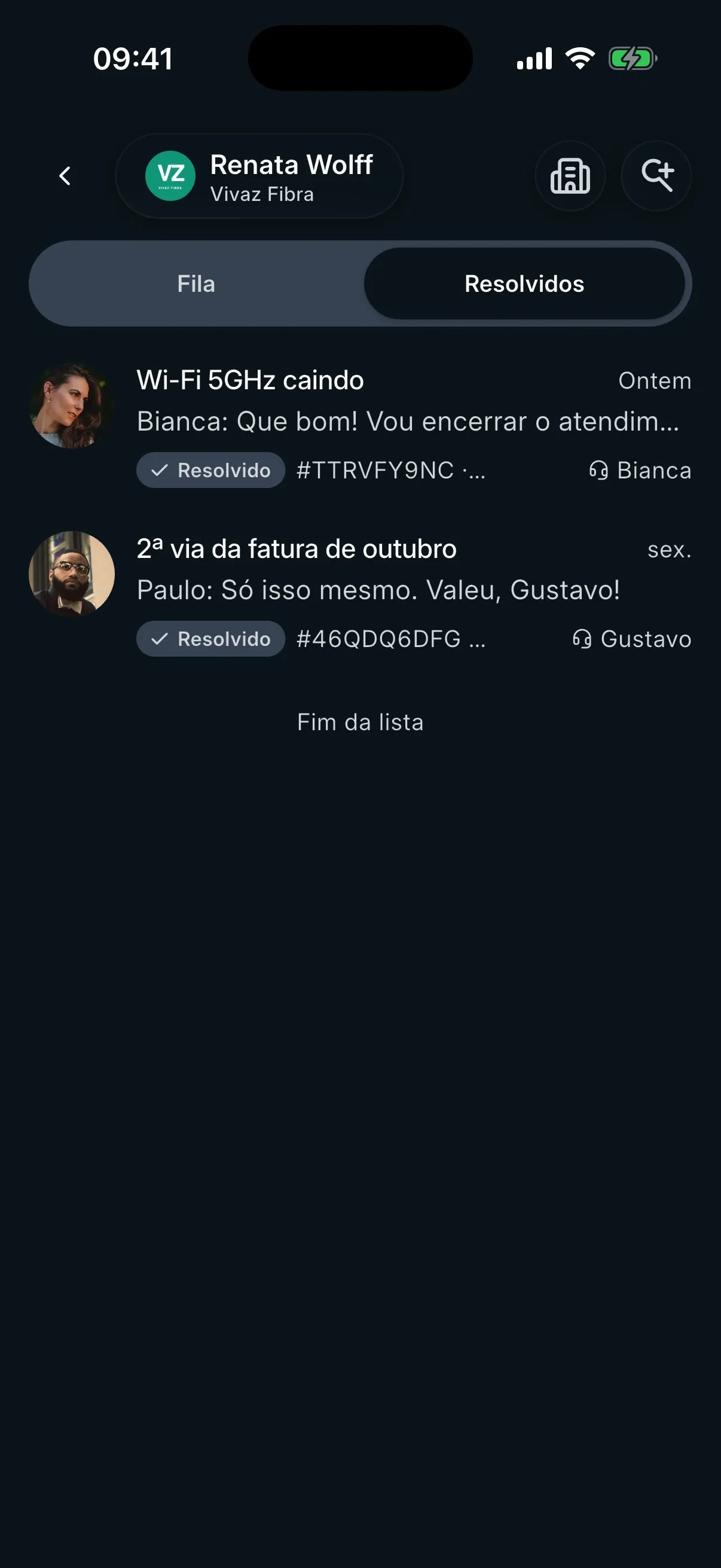 Histórico do caso anexado à conta