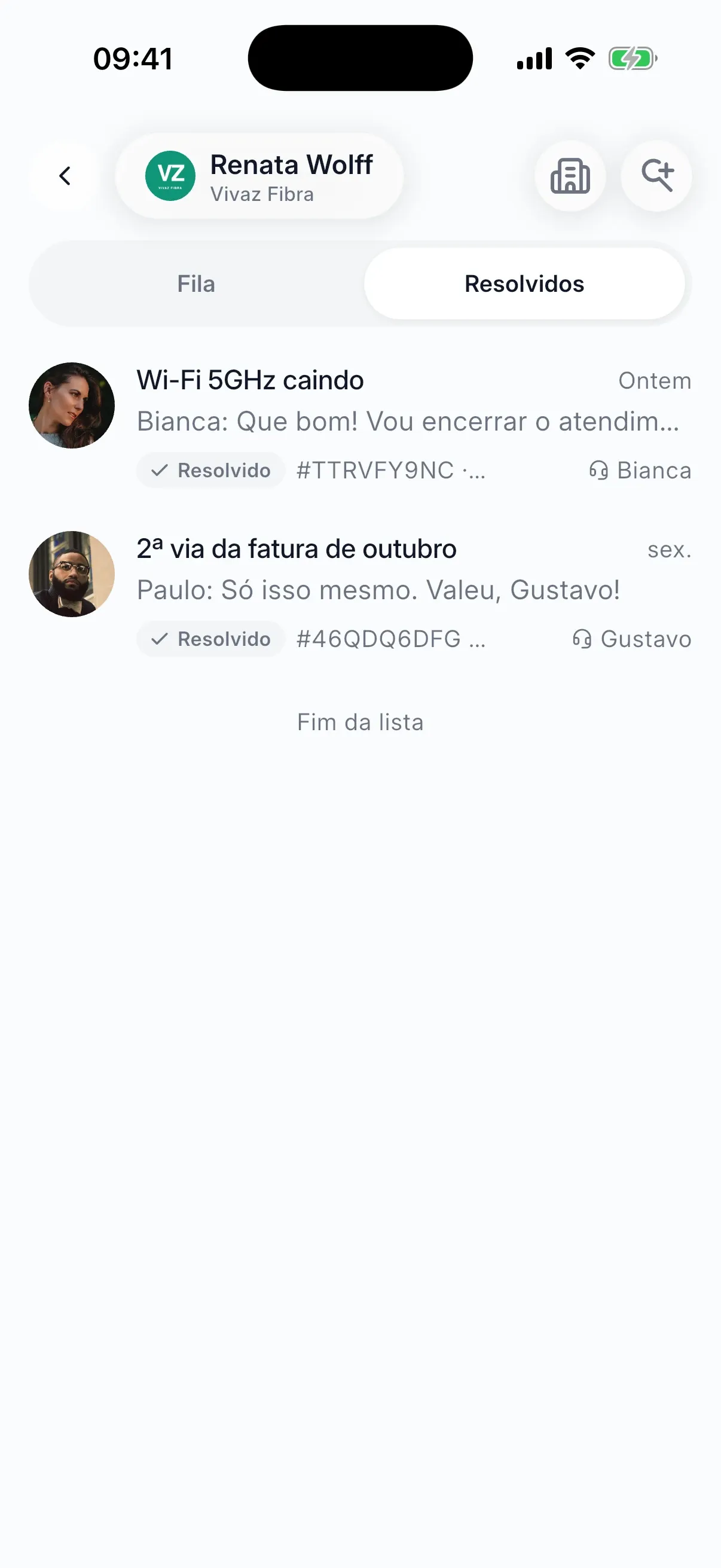Histórico do caso anexado à conta