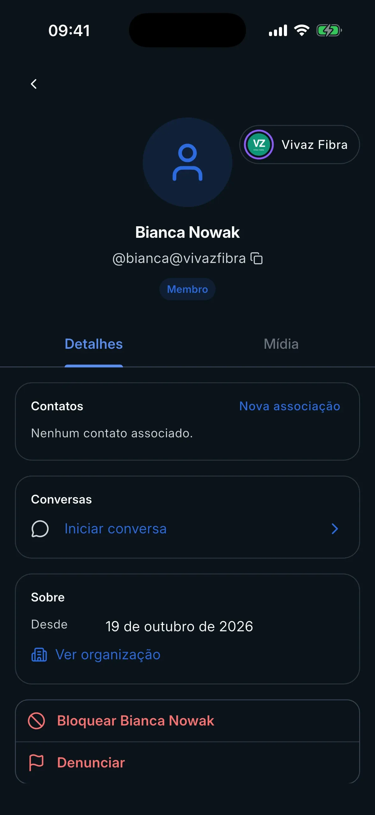 Perfil de membro com endereço @membro@organizacao