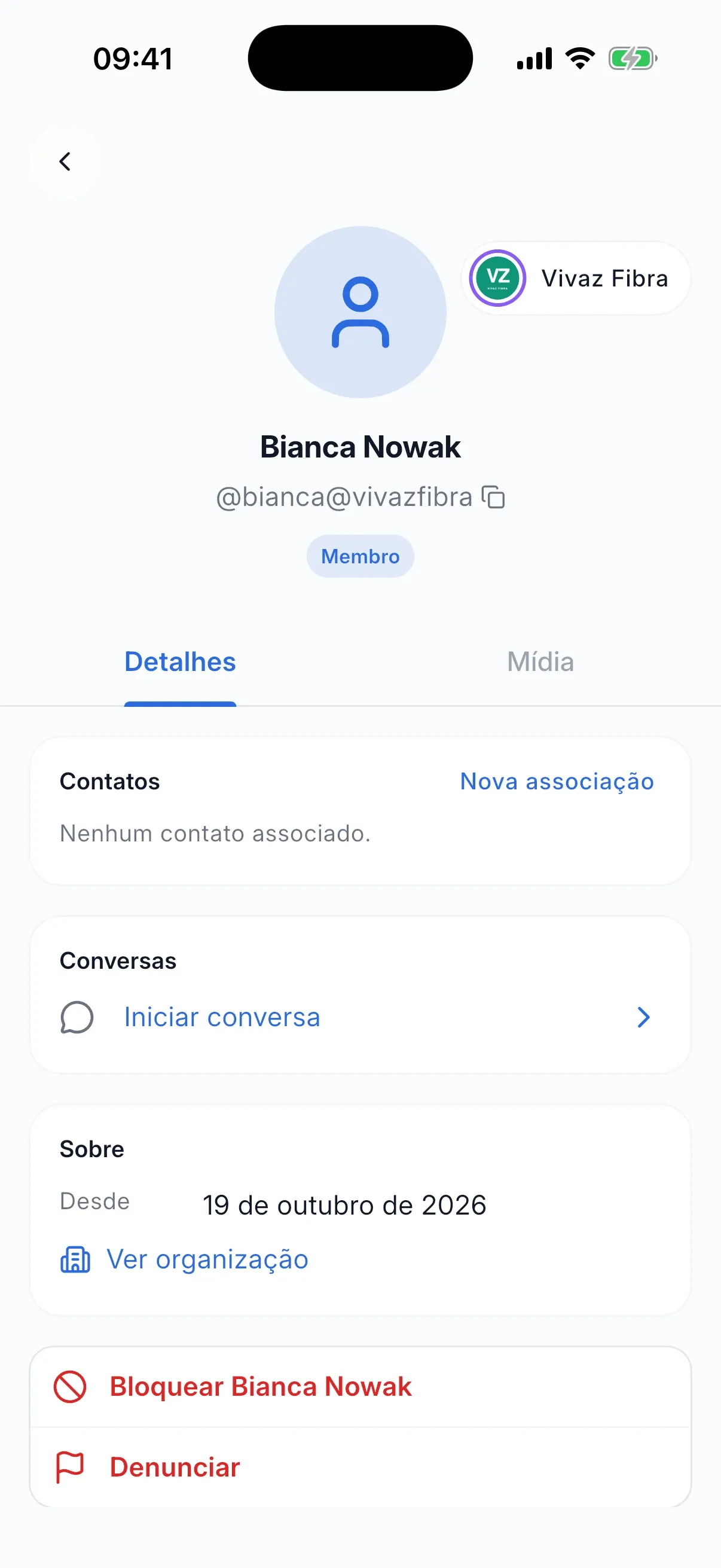 Perfil de membro com endereço @membro@organizacao